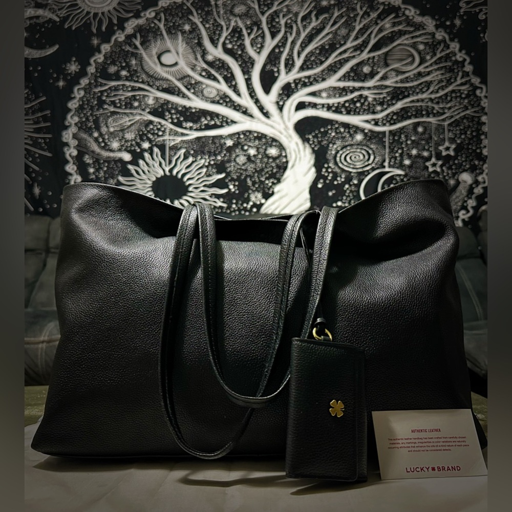 Vintage Y2K Lucky Brand Black soft Leather Tote Bag with keychain wallet laptop - Picture 17 of 17